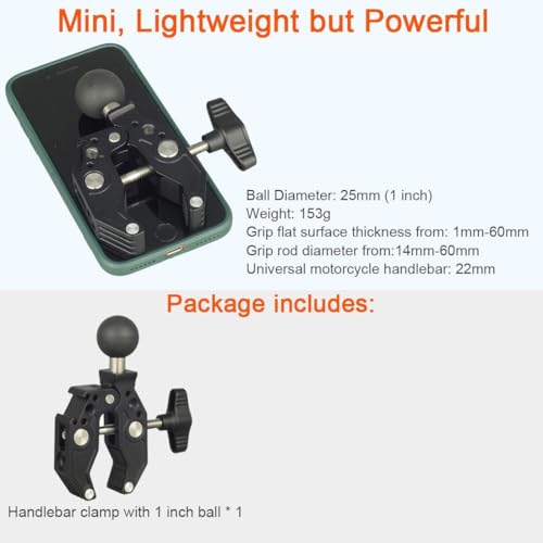 Motorcycle Handlebar Clamp Mount Base with 25mm/1 Inch Ball Compatible with RAM mounts B Size Double Socket Arm, 1" Ball Handle Bar Clamp Mount for Motorcycle Bicycle Phone Holder Camera