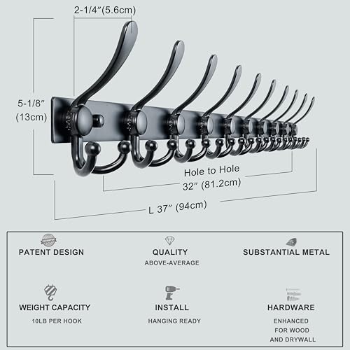Dseap Coat Rack Wall Mount 37 Inch, Heavy Duty 12-Gauge Base vs Flimsy 1mm, Double-Thick Solid Anti-Snap Hooks, 16” Stud-Mount, Stainless Steel 10-Hook Hanger for Closet Entryway, Black - color: Black, size: L=37" (1pcs)
