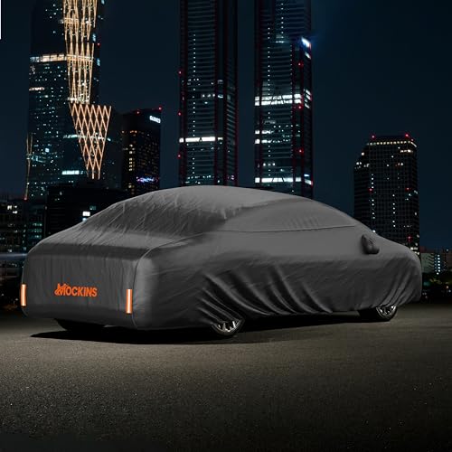 Mockins 175"x70"x60" XS Sedan Car Cover Waterproof All Weather Protector | Heavy Duty 250G PVC & Cotton Lined Car Covers for Automobiles | Windproof Full Exterior Covers w/ Buckle Strap & Reflectors - size: Sedan - X-Small - 175"x70"x60"