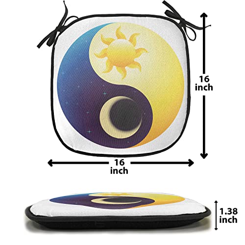 Lunarable Ying Yang Chair Cushion Pad, Sun and Moon Night and Day Stars Astrology Themed Illustration, Seat Padding for Kitchen & Patio with Anti-Slip Backing, 16"x16", Blue and Yellow - color: Blue and Yellow, size: Pack of 1