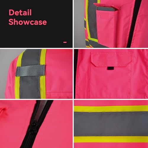 KARXICIY ZUJA Hi Vis Reflective Safety Jacket for Men Women Construction Jacket with Hood High Visibility Safety Rain Jacket - color: Pink - Thickening, size: 3X-Large