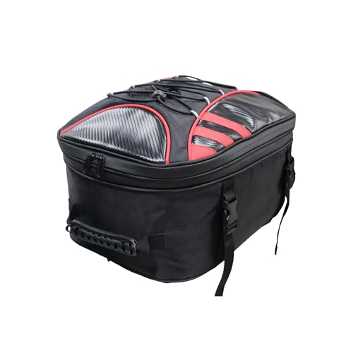 MDSTOP Motorcycle Tail Bag, Dual Use Seat Helmet Bag Backpack with Waterproof Rain Cover, 22L-34L Expandable Motorcycle Rear Seat Bag (Black+Red, M)