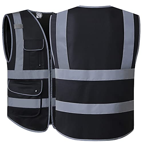 Class 2 Retro-Reflection Safety Vests 9 Pockets and Front Zipper ANSI/ISEA 107-2015 (Black-03, 4X-Large) - color: Black, size: 4X-Large