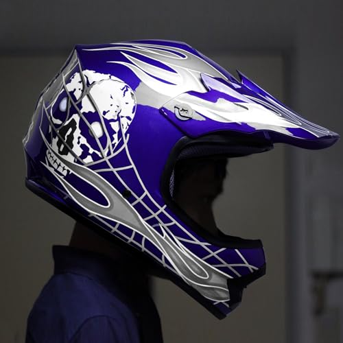 SLMOTO Dot Youth & Kids Motocross Offroad Street Helmet Motorcycle Helmet Dirt Bike Motocross ATV Helmet+Goggles+Gloves Blue Skull Design - color: Blue Skull, size: Large