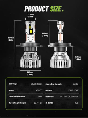 NOVSIGHT H4 Fog Lights Bulbs - 55000 Lumens,100000 Hours Lifespan,6500K Cool White Light,Efficent Cooling System, Pack of 2 - color: H4, size: 55000LM