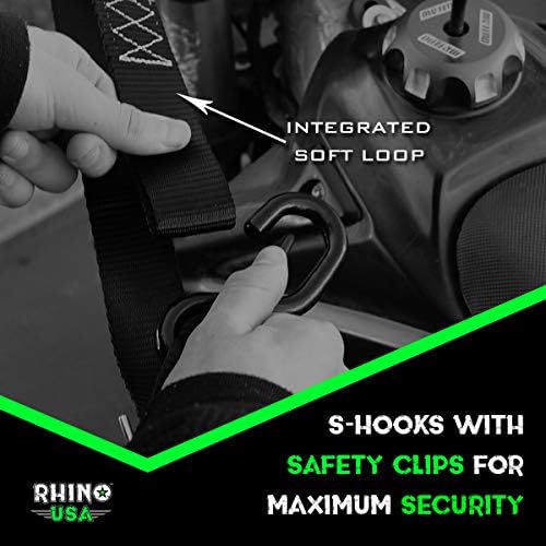 Rhino USA Motorcycle Tie Down Straps (2 Pack) Lab Inspected 3,328lb Break Strength, Steel Cambuckle Tiedown Set with Integrated Soft Loops - Better Than a Ratchet Strap (Red 2-Pack)