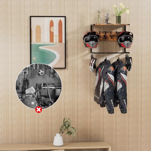 Motorcycle Helmet Holder Wall Mounted, Helmet Rack Wall Mount with Helmet Rack, 4 Glove Chips and 4 hooks, Rustic Helmets Holder and Motorcycle Helmets Racks for Most of Helmet and Clothes - color: Retro