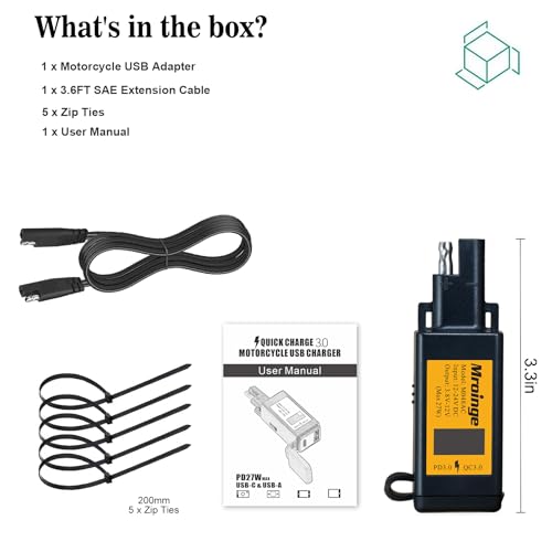 Mroinge Motorcycle USB-C Charger, SAE to USB Adapter, 27W Dual Port USB Fast Charger with Voltmeter/Ammeter and ON/Off Switch, Perfect for Phone, Tablet, GPS etc Charging
