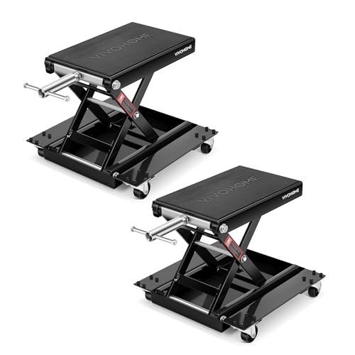 VIVOHOME 1100 Lbs Motorcycle Lift Jack, Steel Wide Deck ATV Scissor Lift with Dolly Wheels & Hand Crank, Bike Garage Repair Hoist Stand for Maintenance, Black 2 Pack