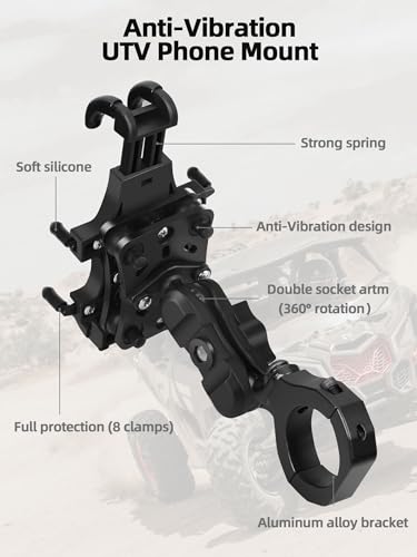 ZIDIYORUO Anti-Vibration UTV Phone Mount Heavy Duty, Full Protection SXS Phone Holder with Aluminum Bracket Fit for 1.75-2" Roll Cage, Adjustable UTV Cell Phone Holder Holds 4.7-7.1" Phones