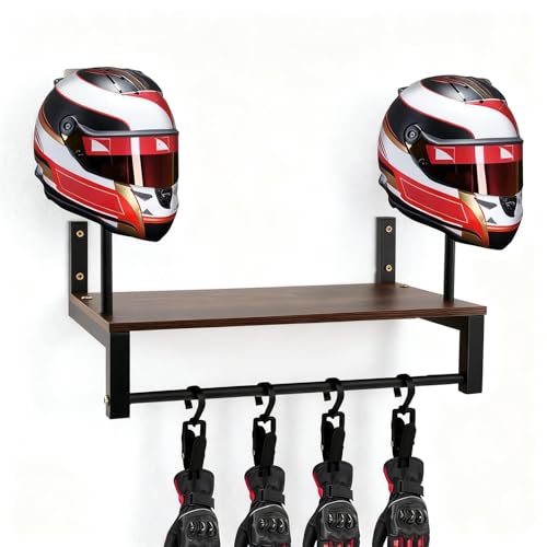 Motorcycle Helmet Holder Wall Mount, 2 Helmet Stands with Gear Rail and 4 Detachable Clips, Wood and Metal Helmet Rack, 16.14 x 10.24 x 13.38 in, Includes Storage Bag and Hardware