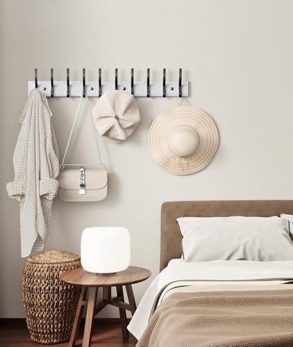 Optish 2 Pack Wooden Coat Rack Wall Mount, 16.1" Rustic Coat Hanger Hooks with 10 Double Hooks, Wall Coat Rack for Hat, Clothes, Bags, Jacket, Brown, White - color: White