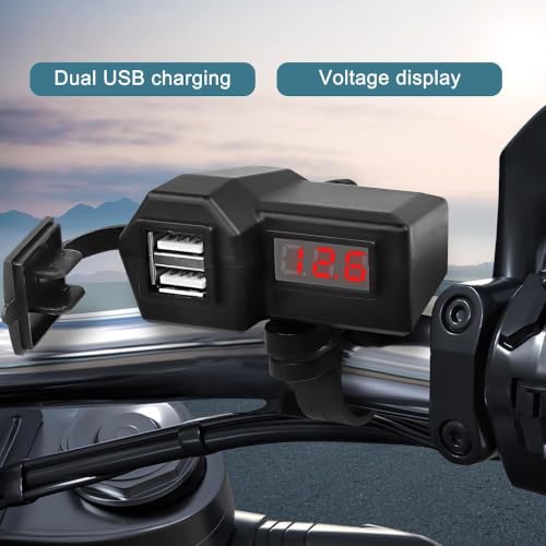 XMSJSIY Motorcycle USB Charger 5V 3.1A Dual USB Phone Charger Adapter Kit Cable with Voltmeter、Waterproof and ON/Off Switch,Handlebar Mounting or Diameter Rearview Mirror Holder-1.4M/4.59FT