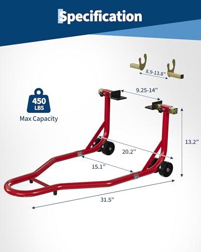 Heavy Duty Motorcycle Stand Lift, Adjustable U&L Fork Head Wheel Lift for Maintenance and Repairs, 450 LBS Capacity, Steel Construction, Red, 1 Piece With Gloves - color: Red