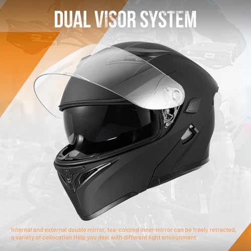 OUMURS DOT Modular Motorcycle Full Face Helmet Flip-Up Dual Visor, Lightweight & DOT Approved, Matte Black