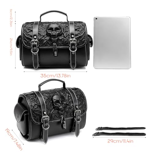 Rogierra Punk Motorcycle Front Fork Bag for Cruiser Motorcycles,Leather Motorcycle Tool bag Handlebar Bag with Reinforced Straps Waterproof bag with Lock design,14L - style: Embossed Skull Pattern With Lock Design
