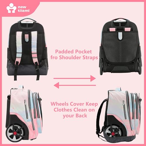 NEW TILAMI 20" Rolling Backpack for Teens Adults, Climbing Stairs Waterproof Backpack with Wheels for School Business Trave Camping with Laptop Compartment, Fit 17 Inch Laptop, Pink Dawn - color: Pink Dawn