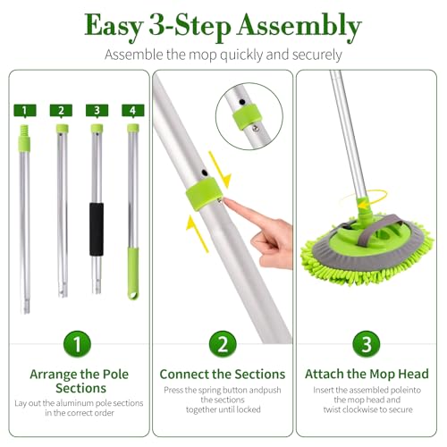 Car Wash Brush with Long Handle - 62" Car Wash Kit with Chenille Microfiber Cleaning Brush, Car Washing Mop with 3 Replacement Mitts, Scratch-Free Scrub Washer Wand for Vehicles, RV, Truck Green - color: Green
