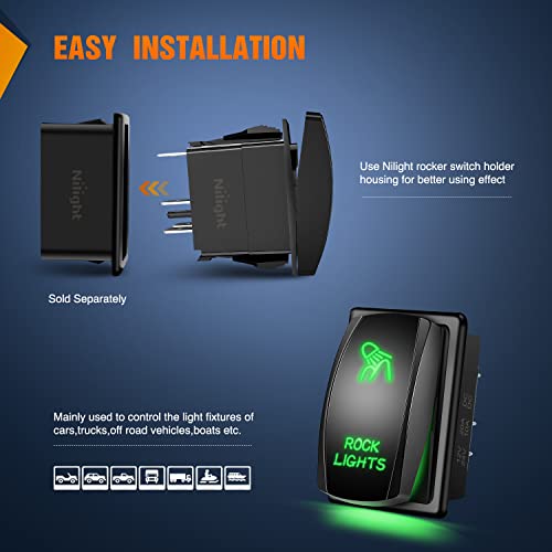 Nilight Rock Lights Rocker Switch Led Light Bar Switch 5Pin Laser On Off SPST switches 20A/12V 10A/24V Switch Green with Jumper Wires Set for Cars Trucks RVs,2 Years Warranty - color: Green, size: ROCK LIGHTS