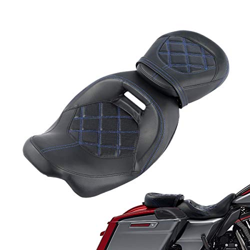 Low-Profile Rider Driver Passenger Pillion Seat Set Fits for Harley Touring 2009-2023 Road King FLHR Street Glide Road Glide Street Glide Ultra Limited - color: Seat Blue