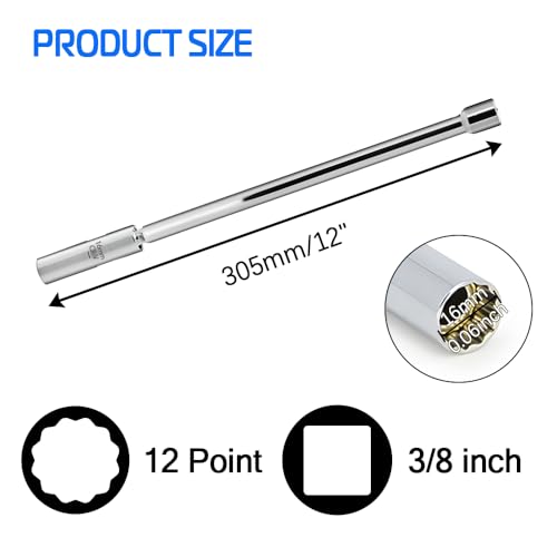 A ABIGAIL 16mm Thin Wall Swivel Magnetic Spark Plug Socket 3/8 Inch Drive x12 inch Total Length 12-Point 5/8 Inch Spark Plug Socket Removal Tool Compatible with Motorcycle, Car, SUV, BMW - size: 16mm-12inch