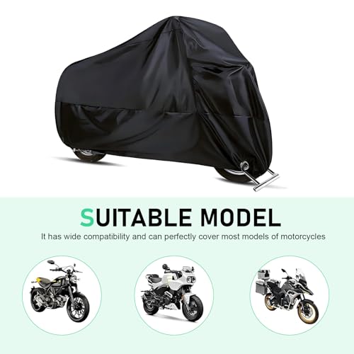Motorcycle Cover, All-season Waterproof Protective Outdoor Shield with Lock-holes, Polyester Motorbike Cover with Storage Bag, for Up to 49.2" x 96.5" Motorcycles (Black)