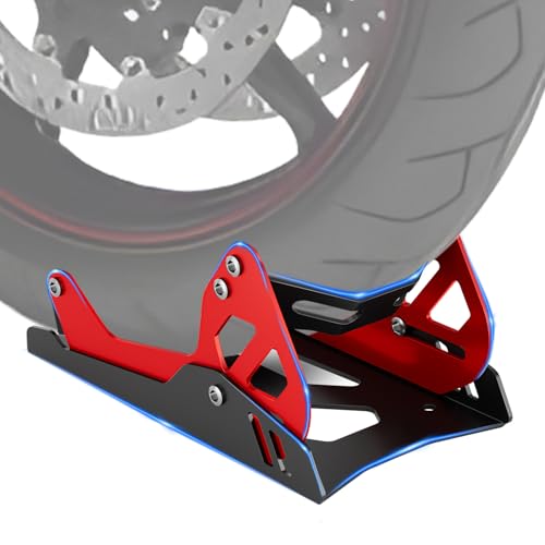 Heavy-Duty Steel Motorcycle Wheel Chock for Trailer Mount | Anti-Rust Black/Red Design | Universal Front Wheel Chock Stand for Dirt Bikes & Motorcycles | Compact & Portable (5.3”H x 10.8”L x 6.1”W)