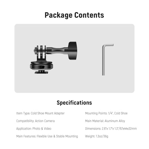 NEEWER Action Camera Cold Shoe Mount Adapter Compatible with GoPro Accessories Go Pro DJI Insta360 AKASO, Metal 1/4" Thread Hot Shoe Mount for Mini Tripod Selfie Stick, 180° Tilt, GP-63 - style: GP-63