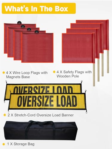Magnetic Oversize Load Sign Kit, Magnetic Cargo Sign-2 Oversized Load Banner, 4 Red Flag Warning With Wire Loop-4 Red Safety Flags with Pole-4 Magnet Base for Hauling Oversize Loads on Trucks - color: Oversize Load Banner Kit