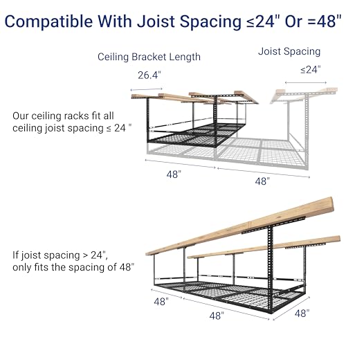 FLEXIMOUNTS 4x8 Overhead Garage Storage Rack with Safety Rails, Hammertone | 750 lbs Capacity, Adjustable 22-40" Height, 3-Sided Guard Rails, Heavy Duty Metal, Ceiling Storage System - color: Hammertone