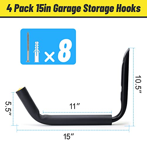 GEEDAR Heavy Duty Garage Storage Hooks -120 LB Capacity, 4packs, 15" Wall Mounted Rack for Hanging Kayak, Paddle Board, Ladders, Bikes Enforced Kayak Storage Hanger - size: Large (15", 4 packs)