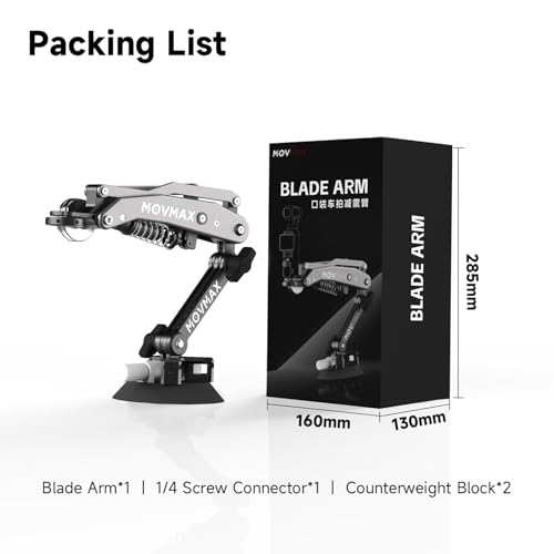 Movmax Blade Arm for DJI Pocket 3, Insta 360, and GoPro Hero 12 Cameras with N2 Arm Technology and Universal Locking Screw - style: Car Suction Cup Kits
