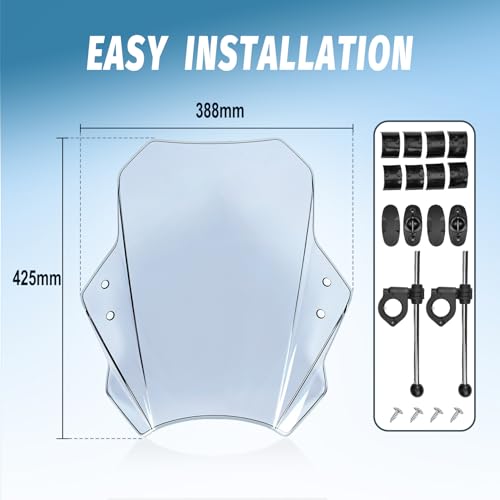 Motorcycle Universal Windshield 16.7” Windscreen Compatible with Yamaha Harley Honda Kawasaki Suzuki BMW Vulcan Cruiser Wind Deflector with 7/8" 1" 1 1/8" Handlebars, Smoke - color: Smoke