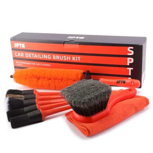 SPTA 8Pcs Wheel & Tire Brush Car Detailing kit, Easy Reach Wheel and Rim Brush, 5pcs Detailing Brushes, Short Handle Cleaning Brush, 1pc Microfiber Cleaning Cloth, Great to Clean Dirty Tires