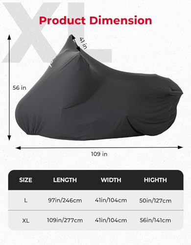 KEMIMOTO Indoor Motorcycle Cover Soft Stretch Dustproof Covers Fit for Side Top Box Touring Ultra Limited Adventure Street Road Electra Glide Road King Chieftain Goldwing 1800 R 1250 RT Roadmaster - size: XL(106 x 41 x 56 inches)