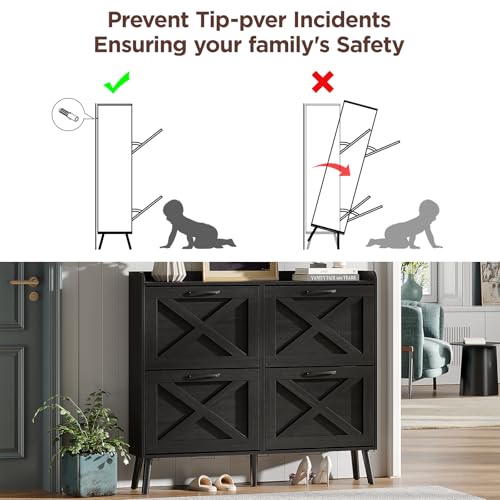 Maupvit Large Shoe Storage Cabinet with 4 Flip Drawers, Narrow Shoe Cabinet for Entryway with Wooden Legs, Freestanding Hidden Shoe Rack Organizer & Metal Hinges, Black - color: Black, style: 4-Drawers