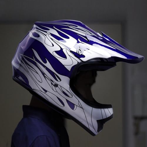 SLMOTO Dot Youth & Kids Motocross Offroad Street Helmet Motorcycle Helmet Dirt Bike Motocross ATV Helmet+Goggles+Gloves Blue Flame Design - color: Blue Frame, size: Small