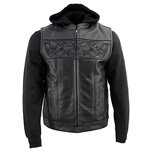 Milwaukee Leather MLM3563 Men's '2 in 1' Black Leather Vest with Reflective Skulls-Black-4X - size: 4X-Large