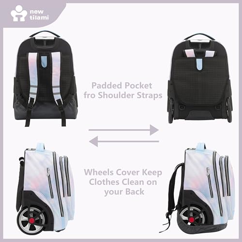 NEW TILAMI 20" Rolling Backpack for Teens Adults, Climbing Stairs Waterproof Backpack with Wheels for School Business Trave Camping with Laptop Compartment, Fit 17 Inch Laptop, Pink Blue Doodle - color: Pink Blue
