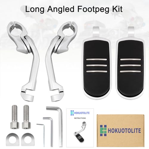 1.25" (32mm) Adjustable Highway Foot Pegs w/Long Extended Angled Mounts for Harley Davidson Touring Street Glide/Road Glide/Electra Glide/Road King Motorcycle w/1-1/4" Crash Bar,CHROME#1