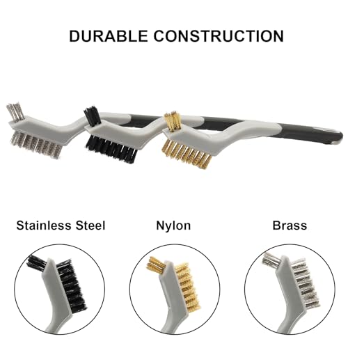 3PCS Durable Wire Brush Set,Brass Stainless Steel Nylon,Curved Handle Brush for Cleaning Rust Removal in Holes DIY Enthusiasts(Grey) - style: Grey-Nylon,Brass,Stainless Steel