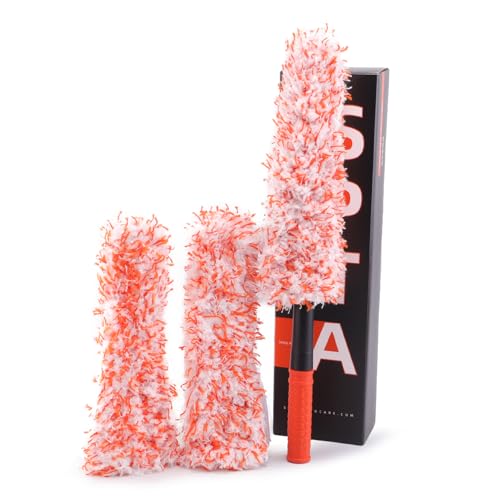 Microfiber Wheel Brush, SPTA Removable Car Wheel Cleaning Brush with 2 Interchangeable Microfiber Covers, Bendable, Firm Rim Cleaner Brush for Wheel Cleaning, Long Non-Slip Handle and Flat Head - color: Microfiber Wheel Brush