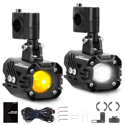 maXpeedingrods 2X Motorcycle Auxiliary Lights with High Low Beam, 8000LM White Amber Driving Fog Lights, Waterproof LED Spotlights with Wiring Harness for Motorcycle, ATV, UTV, Pickup, SUV, Truck - size: 3.1in