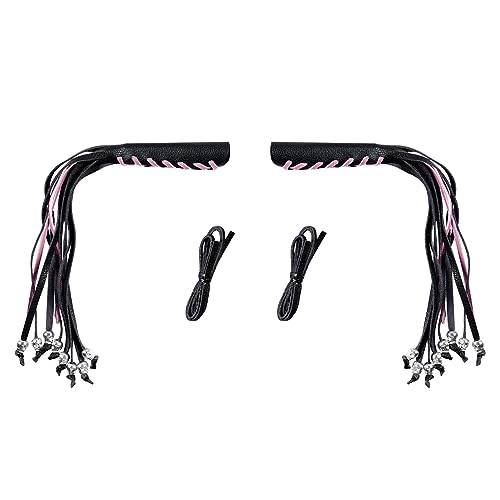 Motorcycle Lever Cover PU Leather Fringed Brake Clutch Covers Universal Grip Tassels Motorcycle Handlebar Covers with Skull Beads - color: Black with Pink Strap