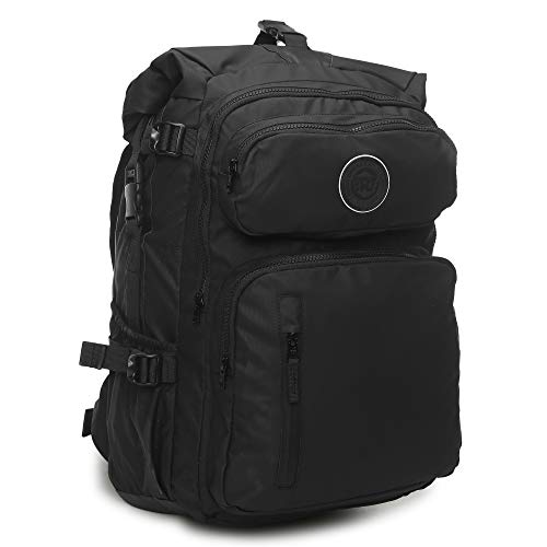 Royal Enfield Roll Top Backpack Black Waterproof 100% Polyester Motorcycle Bag Heavy-Duty Adventure Backpack Large Capacity Travel Pack for Bikers Hiking Camping Touring Outdoor Commuting