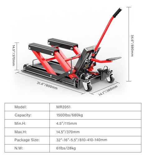 1500 LBS Heavy Duty Motorcycle Scissor Lift Jack, 4.5" to 14.6" Height, Portable Steel Construction for Motorcycle, ATV, Dirt Bike Maintenance with Optional Attachments
