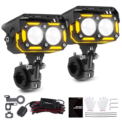 maXpeedingrods 2Pcs LED Motorcycle Auxiliary Driving Lights, 16000LM Motorcycle Fog Lights with Amber DRL, High Low Beam Turn Signal, IP67 Waterproof with Wire Harness for ADV Motorcycles ATV UTV SUV