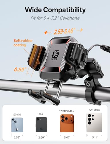 Kewig Motorcycle Phone Mount with Qi 15W Wireless Charger & 36W PD/USB C Fast Charging Port, Anti-Theft Handlebar Cellphone Holder with Vibration Dampener for Bike Scooter ATV, Fit 5.4-7.2" Phone