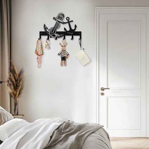 MAYJOYDIY Sailing Anchors Metal Key Hook Sailor Rope Coat Rack Wall Mounted 15.7×9.8inch Art Wall Decor Key Holder Organizer Rack with 6 Hooks for Gift Coats Hats Towels Bags Hanging - style: Sailing Anchors