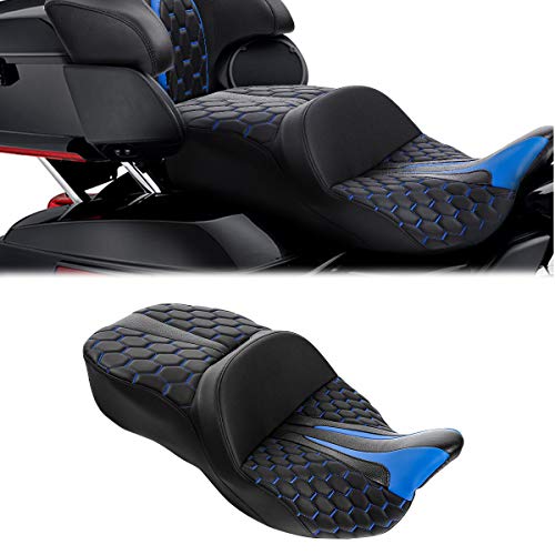 C.C.Rider Leather Driver Passenger Seat - Bagger Comb Strapped 2-Up One-Piece fit for Harley Touring Road King FLHR Street Glide FLHX Road Glide FLTRX Electra Glide FLHT 2009-2023, Black+Blue - color: Black+Blue
